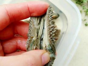 剪开后会看到，内部有海参的肠子及会有一些腹腔溶物，统统去除，反复冲洗干净，再继续泡发一天