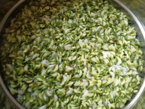 准备好槐花洗干净，锅内放水烧开，下入槐花焯水至变色关火，捞出过凉水，攥干水分备用。