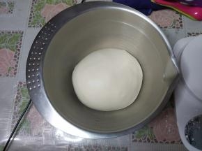 把面团收拢光滑放入小盆内，用保鲜膜包裹严实，放入冰箱冷藏发酵。（冷藏5℃12小时左右）