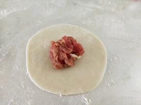拿一片饺子皮放入少许的猪肉。（饺子皮可以自己做，也可以买现成的。