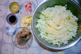 准备食材，猪肉切片，虾洗净去虾线，葱姜蒜切开，白菜切丝。