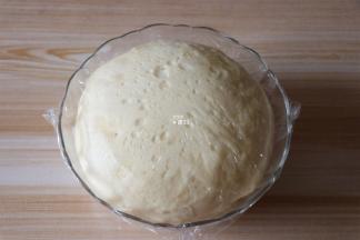 盖上保鲜膜放进烤箱选择发酵功能发酵至两倍大（戳一个洞不回缩即可）；