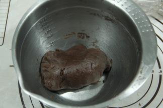 然后用刮刀切拌，往盆边按压，初步混合后，带PVC手套按压成均匀无干粉面团。不要过度揉。这是揉匀的面团。手速慢盖个保鲜膜防止面团变干。