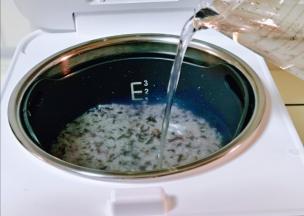 掏干净的米倒入饭煲中，再加入纯净水，水量根据用米的量来。