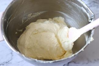 之后用切拌和翻拌的方式，把面粉和鸡蛋霜充分的混合，看不到干粉。