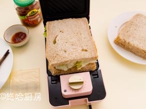 放一层生菜，再盖一片吐司，用手按压一下吐司，合上盖子，扣好卡扣。