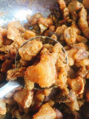 捞起来的猪油渣趁热撒入适量的盐和烧烤料拌匀，直接吃特别香！