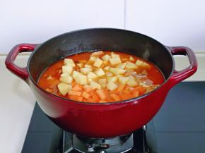 40分钟后，牛腩的口感正好适合我，这时加入土豆块，胡萝卜块，按个人口味加入盐，再炖15分钟，土豆炖熟即可。