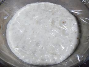 高筋面粉＋水＋酵母发酵表面有大气泡。温室冷藏都可以。19℃的温度下发酵了七个半小时，冷藏可能需要双倍以上的时间。