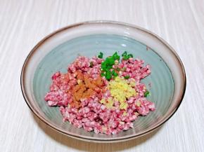 利用这时间我们来调馅，牛肉肉糜中首先加入料酒，十三香，切好的葱姜，顺时针充分搅拌均匀。