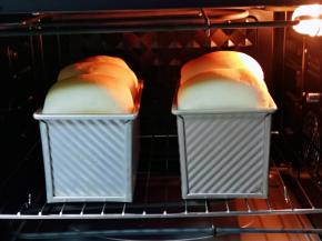 发酵至9分满，可以进行烘烤，将模具入烤箱底层的烤网上，上管155度，下管160度烤48分钟。(注意观察颜色，发现上色后立即加盖一张锡纸，我约10分钟左右就加盖了锡纸)