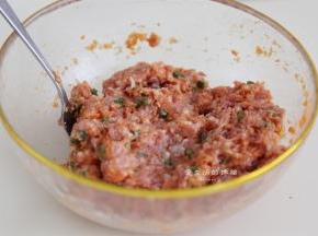 把所有食材的配料都混合在一起，用勺子拌匀成肉馅，这样做的馅十分的香。