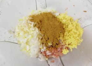 准备好的肉馅里放上葱姜和十三香。