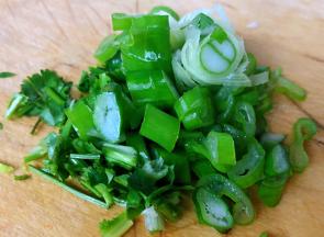 葱花和香菜切成小粒备用