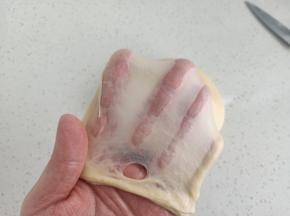 揉至可以拉出薄而韧的手套膜（小面包不出手套膜也可以）