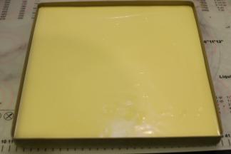 28x28的方形烤盘内抹上一层薄薄的玉米油，倒入蛋糕糊，轻震去气泡。