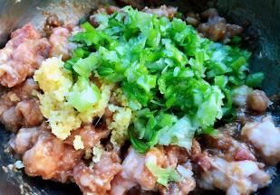 新鲜的猪肉剁成泥放入一品鲜酱油、蚝油、糖、料酒、盐、味精拌匀煨制二十分钟入味放入葱花姜末