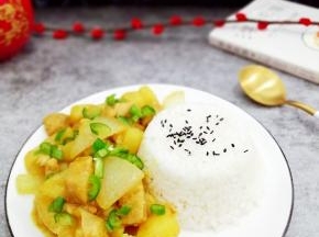 在把米饭放入盘中，然后把菜装入即可