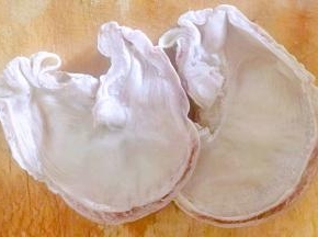 在超市买到半成品新鲜的猪肚一切为二洗净沥干水份