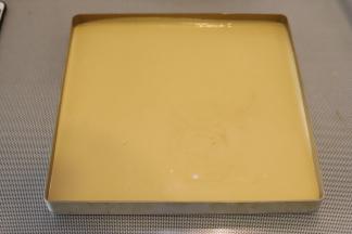 11. 28x28的方形烤盘内抹上一层薄薄的玉米油，倒入蛋糕糊，轻震去气泡。