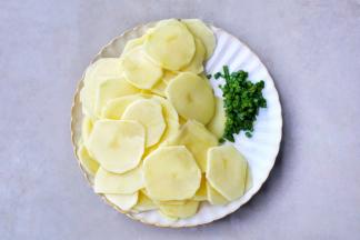 土豆去皮切片，葱切末。