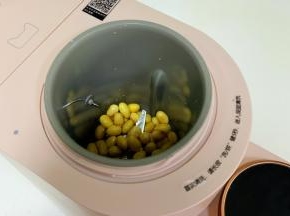往九阳ksolo豆浆机内加入泡发好的黄豆。