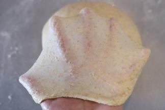 检测面团状态，能拉出如图一样有韧性不易破的手套膜（完全扩展状态）。