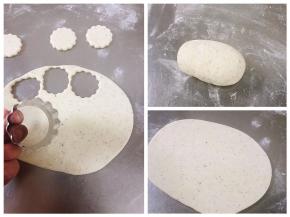 拿出一面团（其它的放冰箱）用擀面杖擀成约3毫米的面皮，用模具压出花样。剩下的边角料用保鲜袋装好放冰箱备用。