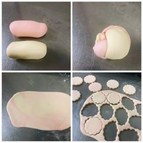 白色和粉色随意的扭在一起很平，出现大理石纹路就不要再擀了，接下去压模
