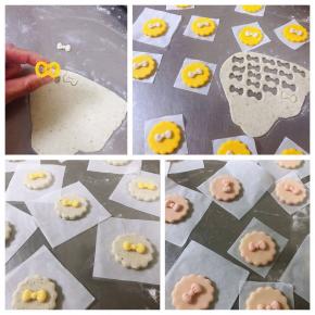 剩下的边角料擀平，压出蝴蝶结，贴在薄片馒头上