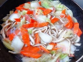 放入胡萝卜翻炒片刻添加适量清水大火炖起来