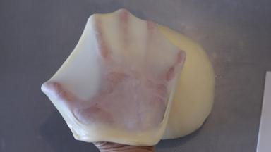 检查面团，达到扩展阶段，面团坚韧不易破，裂口少许的锯齿。