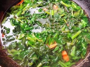 锅中倒入清水烧开放入胡萝卜和菠菜中小火煮