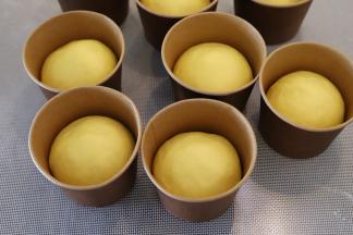 发酵好的面包胚比原先膨胀2倍大，纸杯7分满。