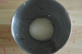 取出打好的面团，双手握住面团，向身体外侧折叠几次，收圆后放入打面桶或者干净盆中，盖上保鲜膜。温度27-28度进行第一次发酵。大约50分钟-1小时。