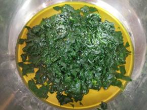 将煮好的菠菜叶带汤汁一起倒进盆里晾至温热（菠菜叶带汤汁一共是210g）。