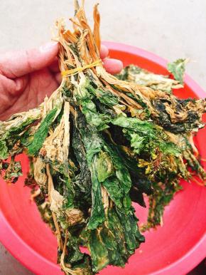 用橡皮筋把晒好的菜干分成一小捆，一小捆的扎起来，吃的时候刚好一小捆一顿！也便于保管！