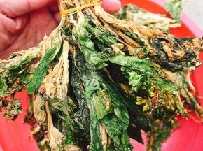 用橡皮筋把晒好的菜干分成一小捆，一小捆的扎起来，吃的时候刚好一小捆一顿！也便于保管！