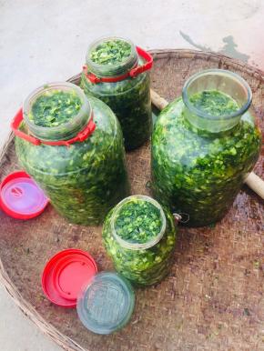  不要装的太满，留两指宽即可！（盐菜在腌制过程中会发酵，产生气体，如果装的太满，容易造成瓶子爆炸！）