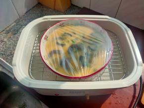 保鲜膜包好后，用牙签扎几个小孔，然后放入蒸锅，当出现大量水蒸气后，继续蒸20分钟左右。