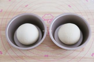 将小面团用手整形成圆形，压扁后用掌根朝中间收，再搓圆，最后呈现出有一定高度，表面光滑的半圆形。将面团放入汉堡模里面，这是学厨的直径11CM的，配方的量正好能做4个，把面团放进烤箱里，放入一碗温水，温度35度发酵半小时。