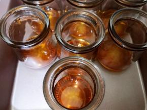 熬好的焦糖趁热平均倒在布丁瓶里