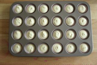 将蛋糕糊装入裱花袋中，剪口，挤入24连模中。8-9分满即可。挤的时候收尾尽量利落一些，不要拖个小尾巴，不然烤出来会有小尖角的。