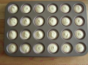 将蛋糕糊装入裱花袋中，剪口，挤入24连模中。8-9分满即可。挤的时候收尾尽量利落一些，不要拖个小尾巴，不然烤出来会有小尖角的。