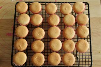 烤完，取出烤盘，用力震2下震出热气，然后将小蛋糕转移到冷凉架上冷凉即可。用牙签插入蛋糕体，如果没有蛋糕屑带出就说明烤熟了。完全冷凉后密封保存，尽快吃完哦！