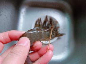 对虾用牙签挑出虾线。