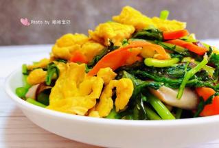 营养丰富的茼蒿炒鸡蛋香菇胡萝卜装入盘中看着就好有食欲