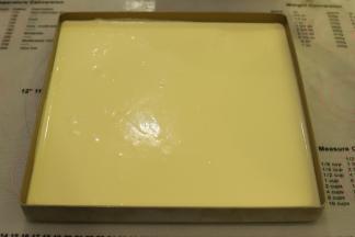 28x28的方形烤盘内抹上一层薄薄的玉米油，倒入一半的蛋糕糊，轻震去气泡。