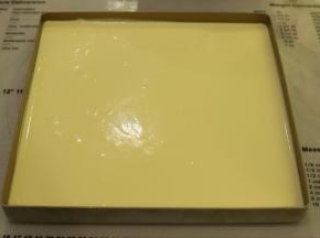 28x28的方形烤盘内抹上一层薄薄的玉米油，倒入一半的蛋糕糊，轻震去气泡。