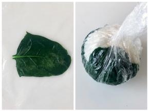 取一片菠菜叶，正面朝下铺平，然后放上饭团，用保鲜膜裹好。